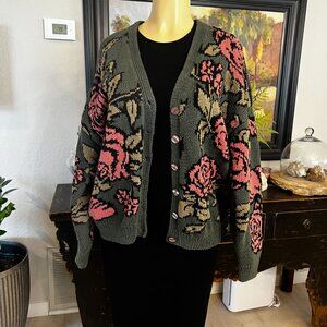 Nancy Vale olive green w/Pink roses &black trim Hand Knit Sweater